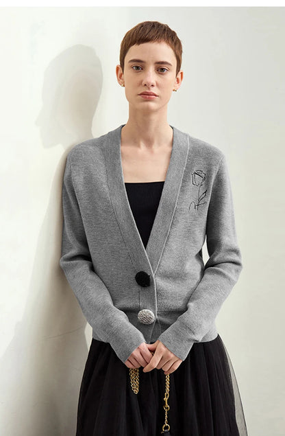Damen-Strickjacke V-Ausschnitt Stickerei locker Langarm Herbst