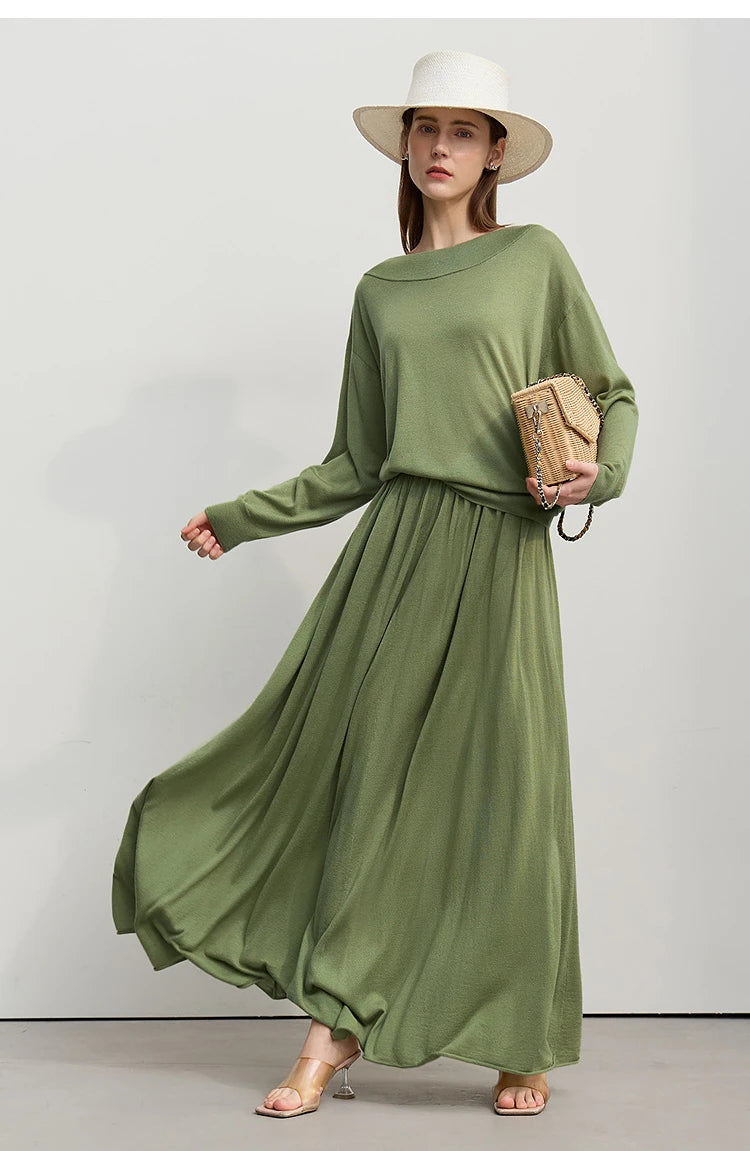 Grüner off-shoulder Strickpullover mit langen Ärmeln, geraffter Taille und weitem Rock-Saum