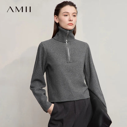 Damen-Rollkragenpullover Wolle gerade einfarbig minimalistisch Herbst