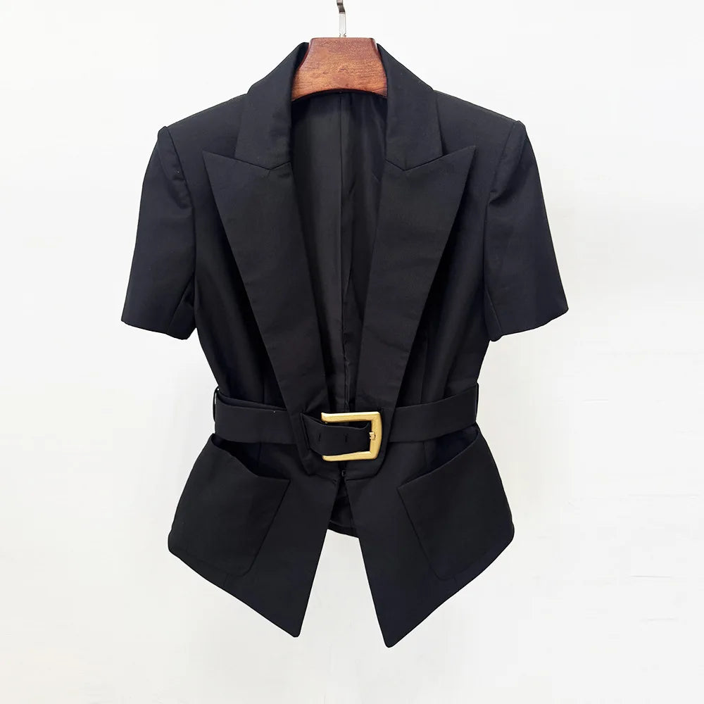 Damen-Blazer Kurzarm Gürtel lässig V-Ausschnitt Einknopf