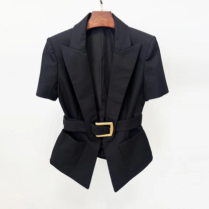 Damen-Blazer Kurzarm Gürtel lässig V-Ausschnitt Einknopf