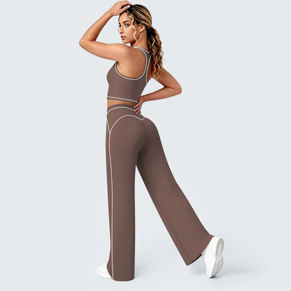 Yoga-Set Damen: I-Rücken-Top und weite Hose, braun mit hellen Zierlinien