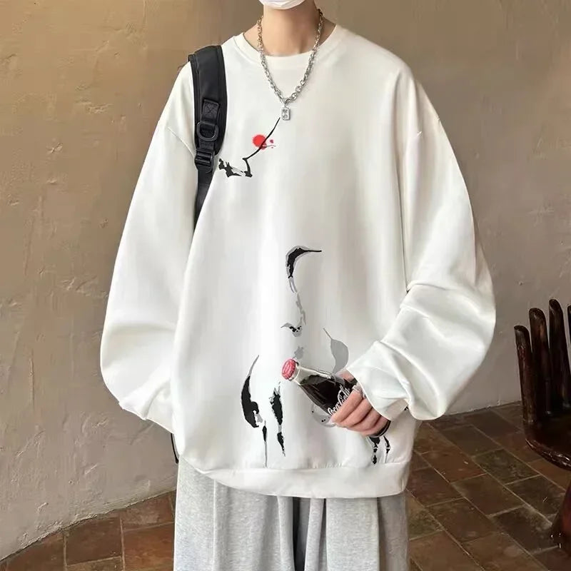 2025, neue Tinte Malerei Kran Gedruckt Pullover Hoodies Für Männer Frühling Hip Hop Mode Oansatz Hoody Y2K Streetwear Sweatshirts