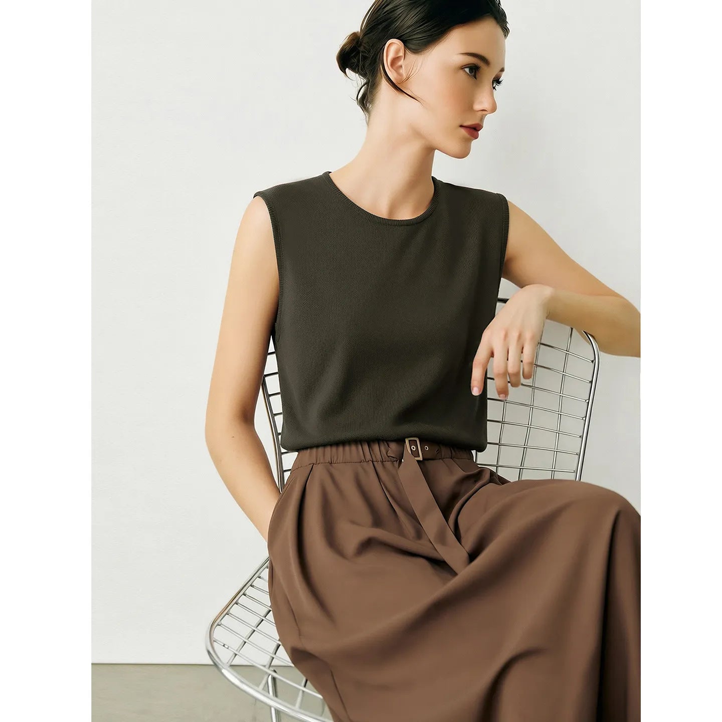 Damen-Rundhalspullover ärmellos Drapierung Cut-Out Lyocell Sommer