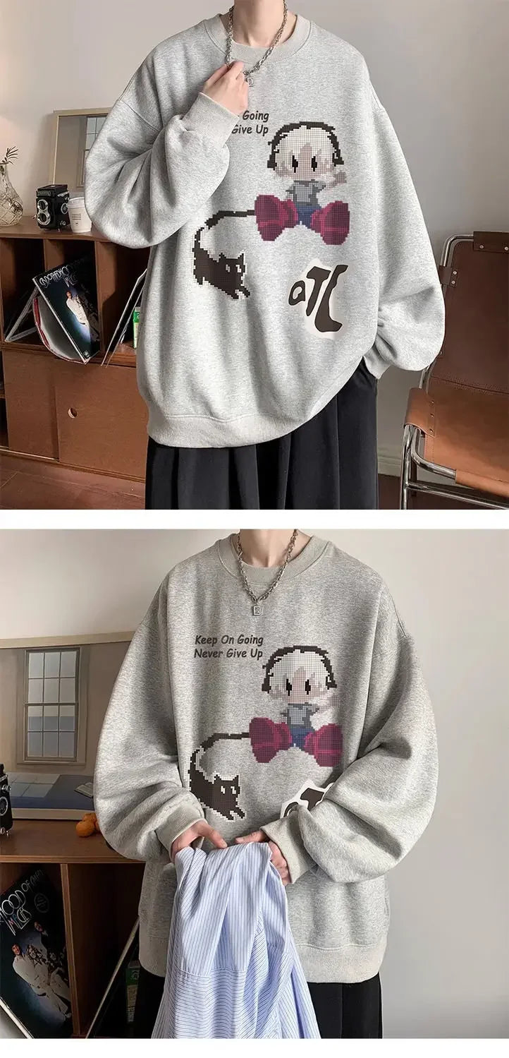 Japanischer Vintage-Pullover mit Fleece, Rundhalsausschnitt und Print – Lässiger Langarm-Hoodie für Herren im Winter.