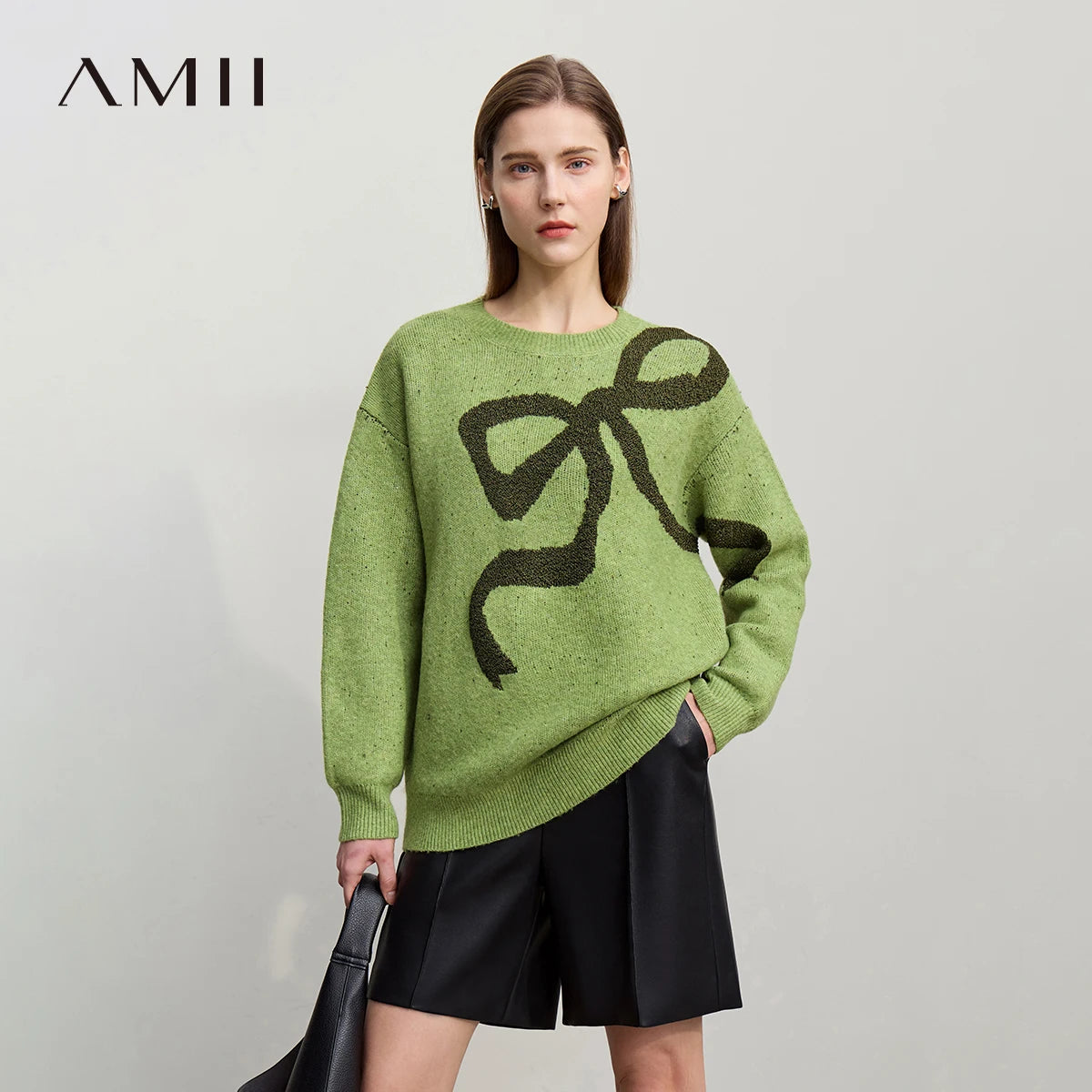 AMII Damenpullover, grün, lockerer Schnitt, Jacquard-Bow-Print, lange Ärmel