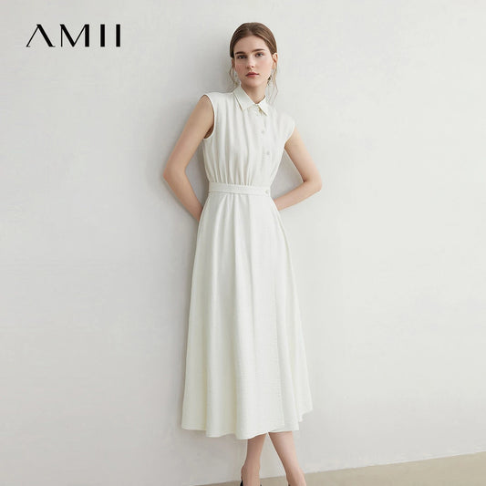 Damen-Midikleid mit Reverskragen, Knopfleiste, ärmellos und Taillenbund, helles Beige