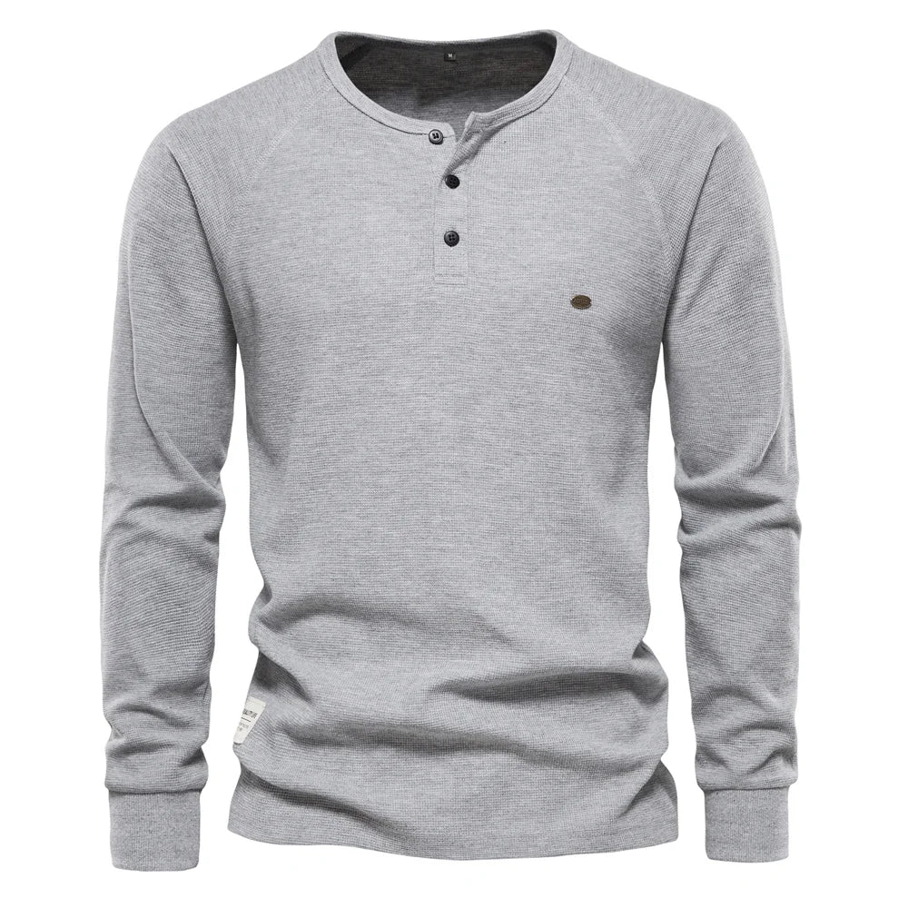 Herren Langarm Waffel Henley T-Shirt in fester Farbe für den Herbst