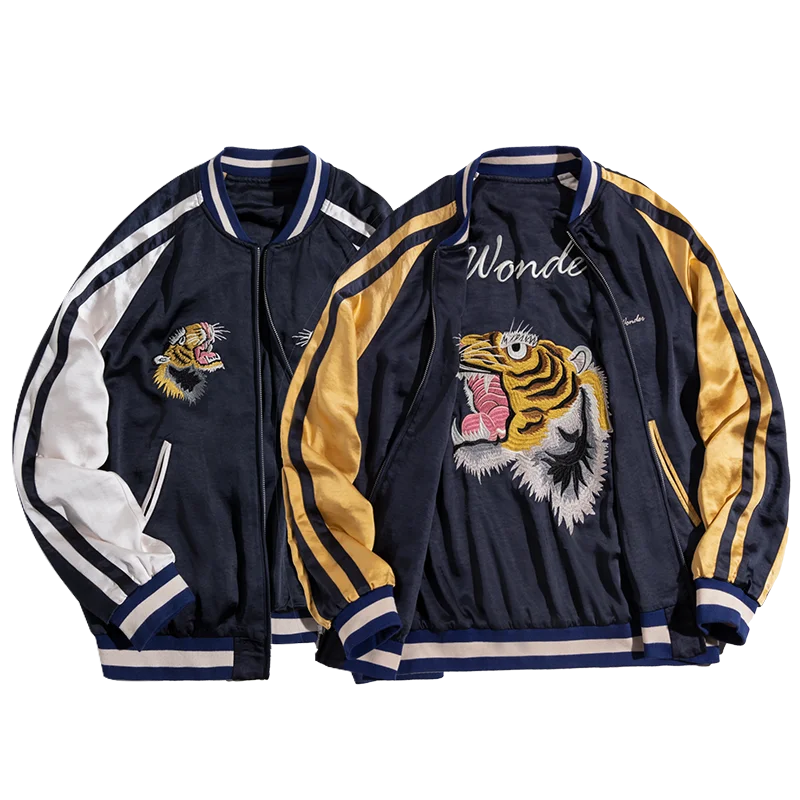 Herren Yokosuka Jacke Retro Reversible Tiger bestickte Patchwork-Outwear