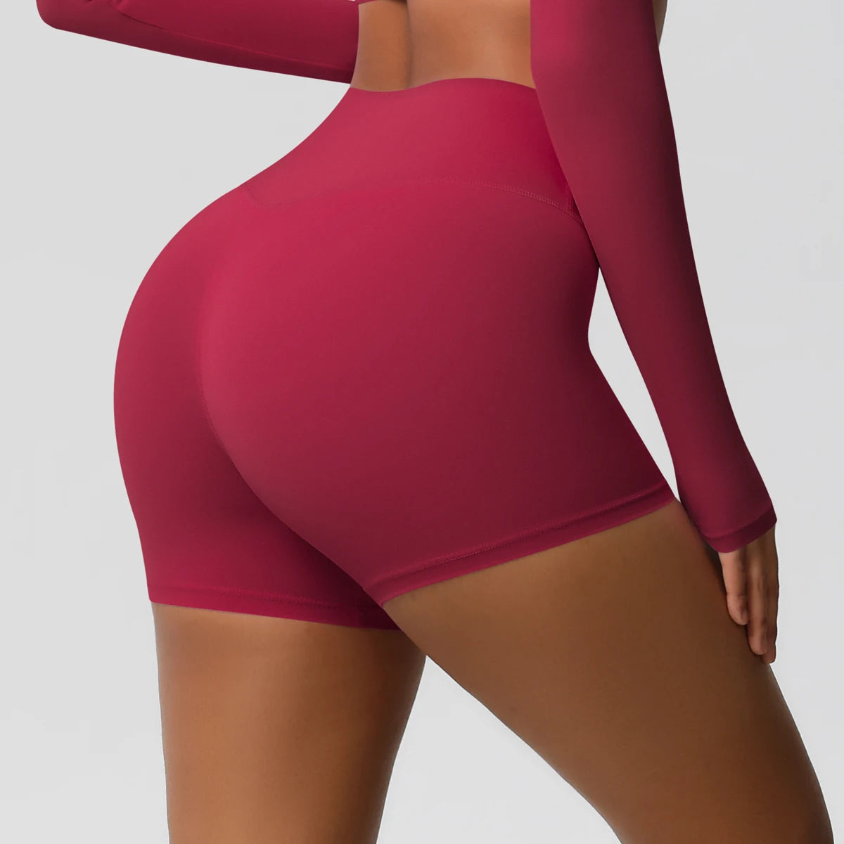 Damen-Sportshorts mit hoher Taille, weinrot, eng anliegend