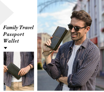Männliche Person hält eine braune Reise-Passhülle aus Leder mit Reißverschluss