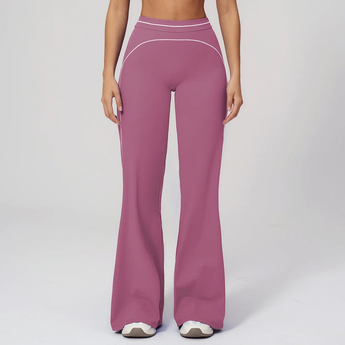 Damen-Yogahose hohe Taille, mauve-pink mit hellen Ziernähten, Schlagform