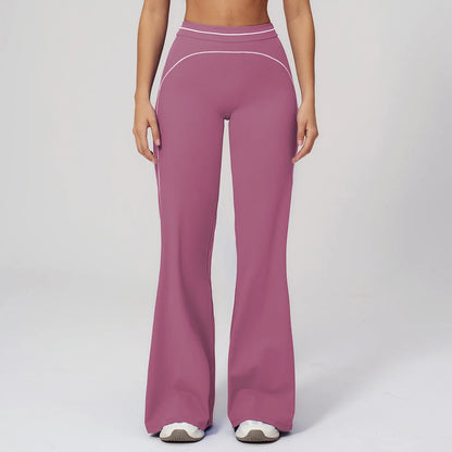 Damen-Yogahose hohe Taille, mauve-pink mit hellen Ziernähten, Schlagform