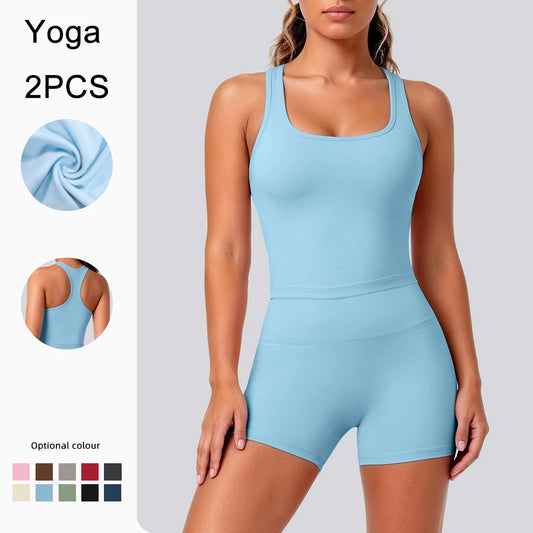 Damen Yoga-Set (2-teilig) mit ärmellosem Top und High-Waist-Shorts in Hellblau