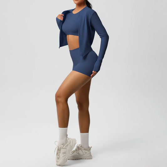 Damen Yoga-Set: kurzes Top, Shorts und Jacke, dunkelblau