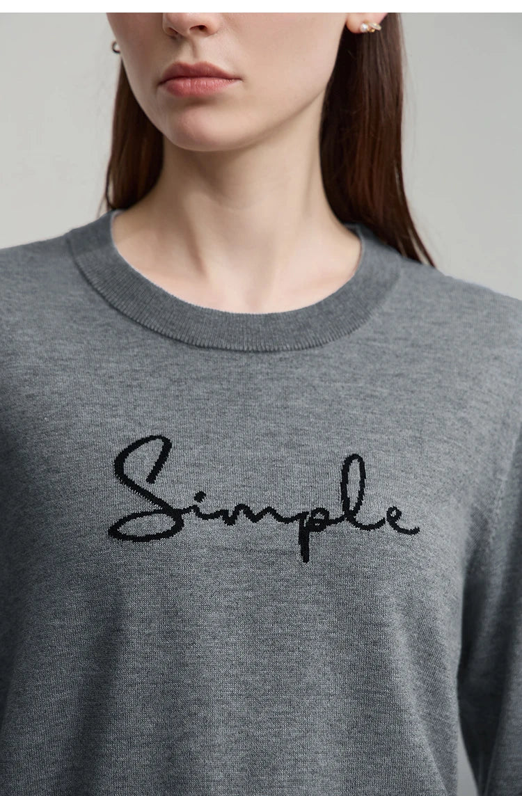 Grau meliertes Langarm-T-Shirt mit rundem Ausschnitt und „Simple“-Schriftzug