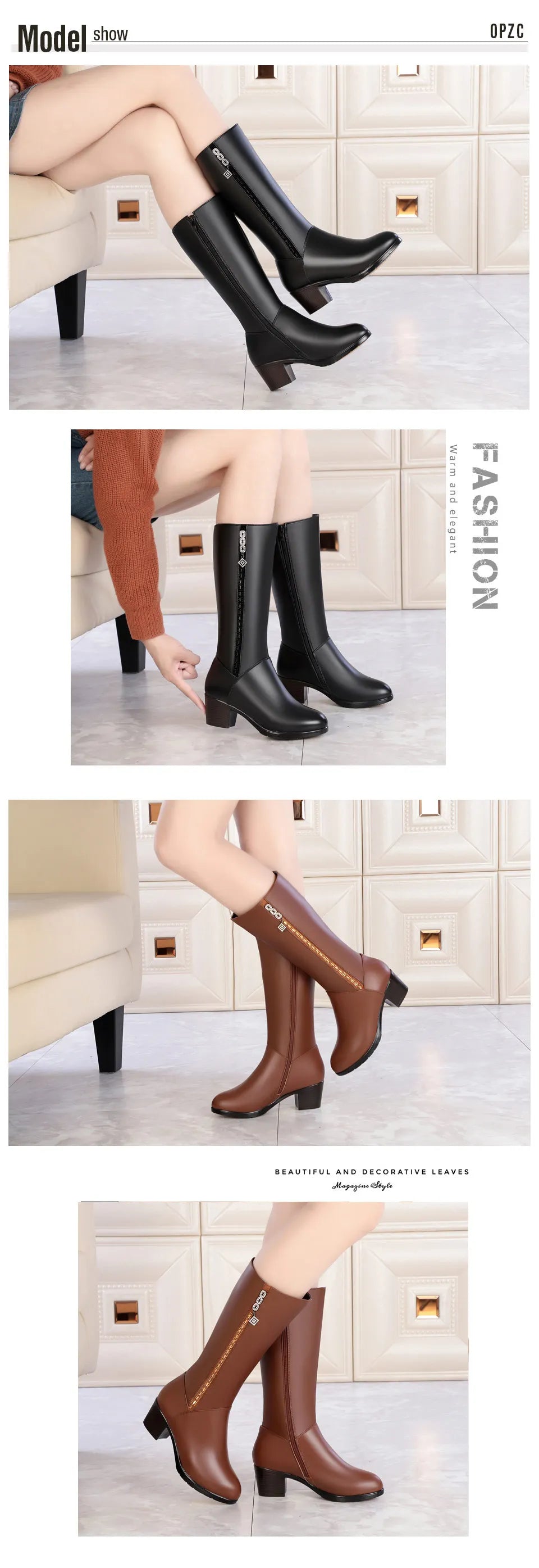 Hohe Damen-Motorradstiefel mit Fellfutter, Blockabsatz, schwarz und braun