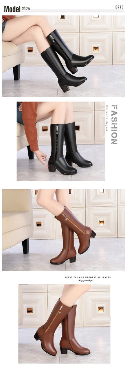 Hohe Damen-Motorradstiefel mit Fellfutter, Blockabsatz, schwarz und braun