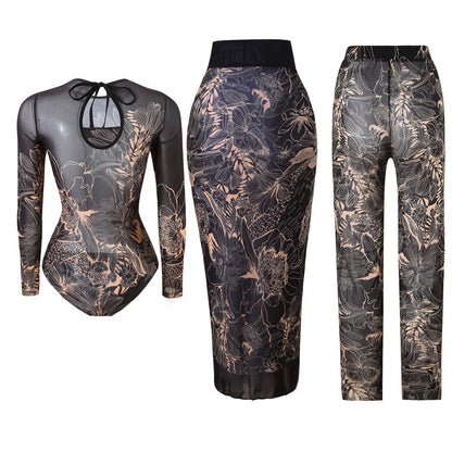 Damen-Badeanzug 3-teilig Print Langarm Sarong-Set gepolstert