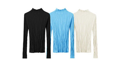 Damen-Wollpullover mit Stehkragen, Set aus Schwarz, Hellblau und Creme, langärmlig