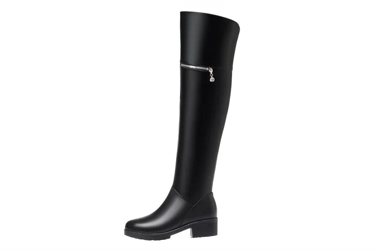 AIYUQI Women's Over Knee Boots Winter Fashion Middle Heel Fur Long Boots Women Genuine Leather Rider Boots Ladies