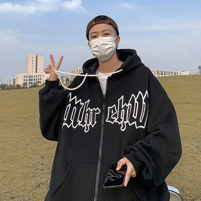 Herren Hoodie mit Gothic Letter Foam Print und Reißverschluss für Streetwear