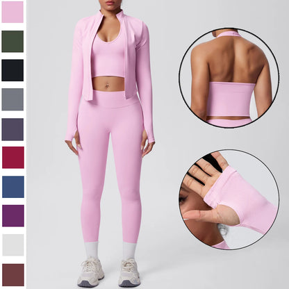 Rosa Yoga-Set mit Push-up-Top und hochtaillierter Leggings, Rückansicht-Detail