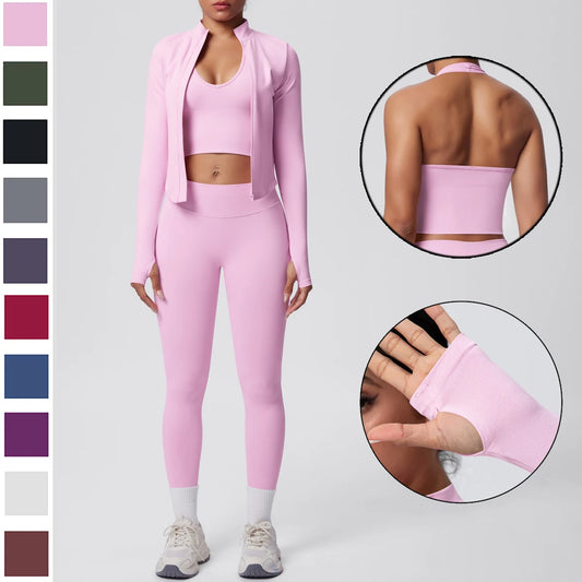 Rosa Yoga-Set mit Push-up-Top und hochtaillierter Leggings, Rückansicht-Detail