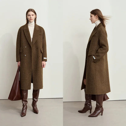 Damen Wollmantel im Minimalismus-Stil mit zwei Reihen und Taschen