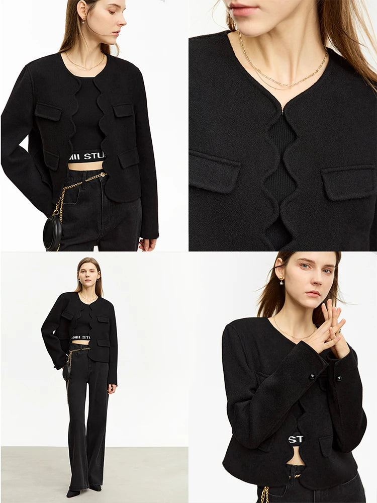 Damen Doppelseitiger Woll-Kurzmantel mit Rundhalsausschnitt und Taschen
