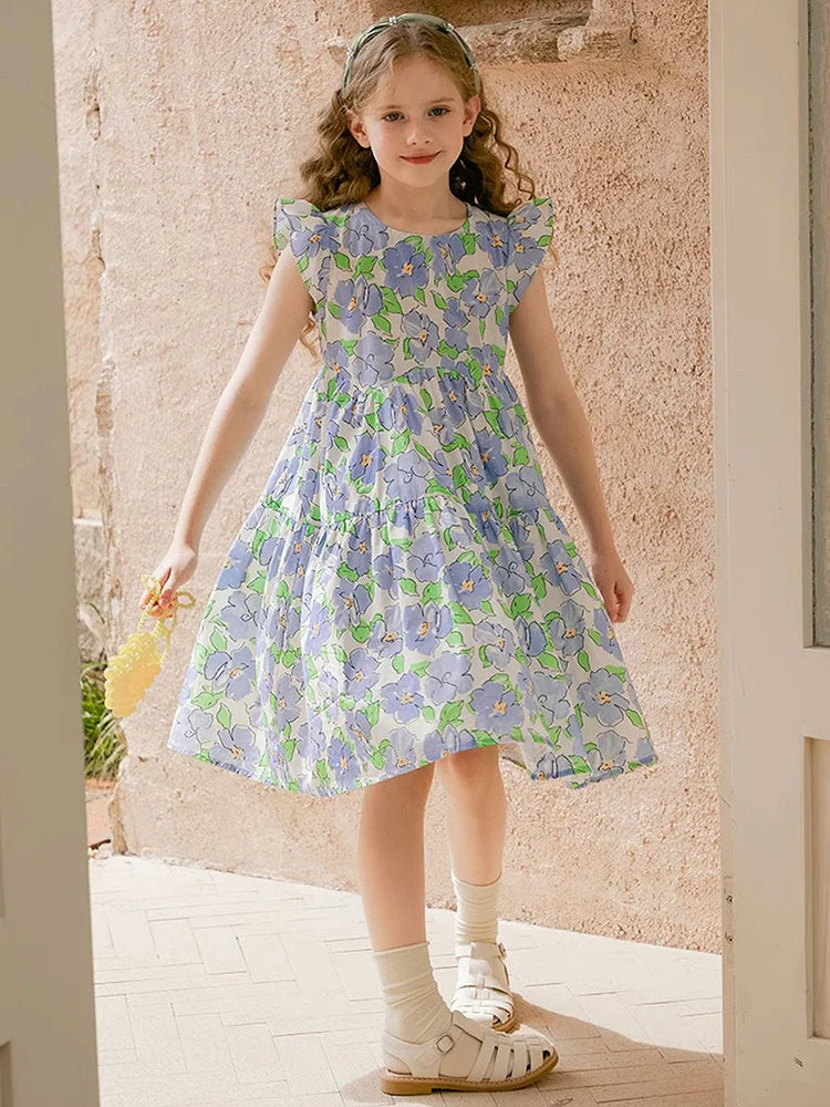 Langärmliges Prinzessinnenkleid aus Gaze in Tiefblau und Rot für Mädchen – Perfekt für Geburtstagsfeiern und Hochzeiten (3-14 Jahre)