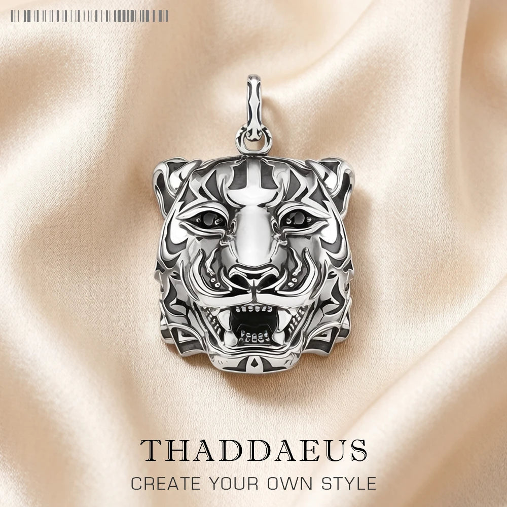 Dreidimensionaler Tiger-Anhänger aus geschwärztem 925er Sterlingsilber mit Kopfmotiv