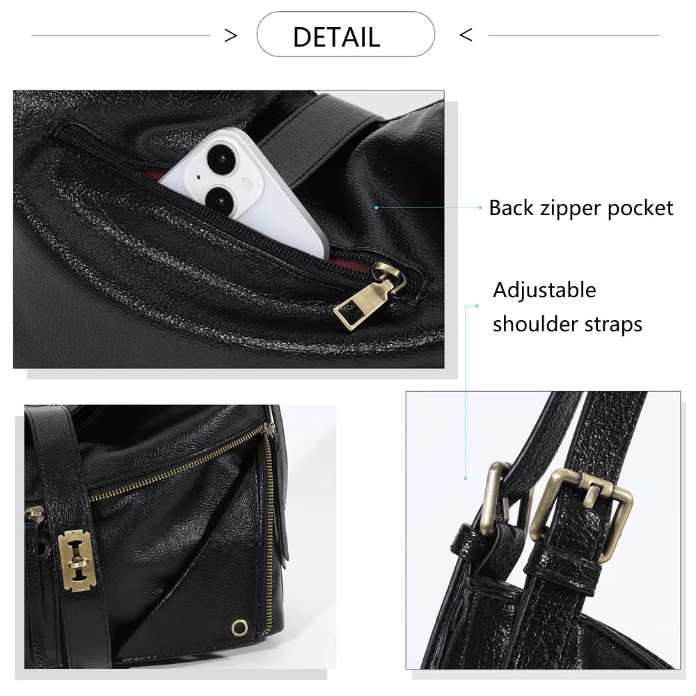 Damen-Schultertasche aus Vintage Öl-Wachs-Leder mit großem Stauraum und Mehrfach-Reißverschlussfächern