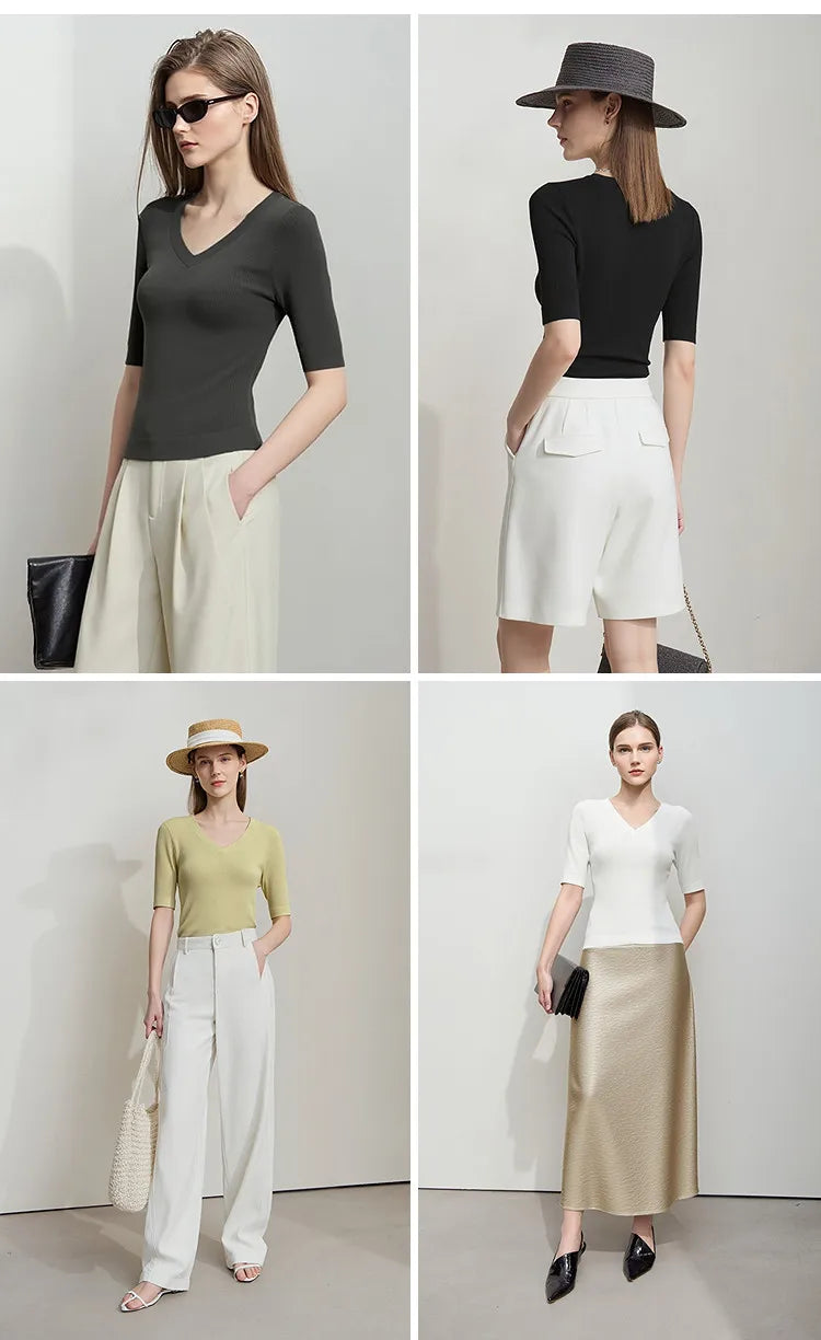 Damen V-Ausschnitt Pullover Viskose Halbarm Slim Büro Sommer