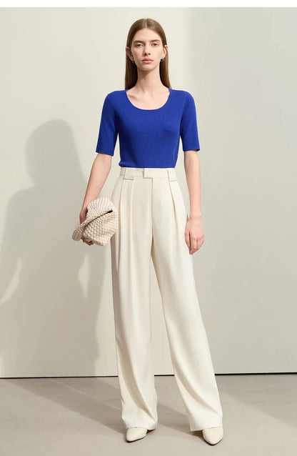 Damen-Rundhalspullover Wolle-Seide Aushöhlung Slim Kurzarm Pendler Sommer
