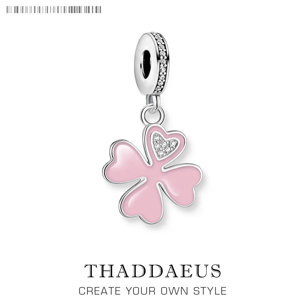 Damen-Charm-Anhänger rosa Kleeblatt weißer Stein Glück aus Sterlingsilber