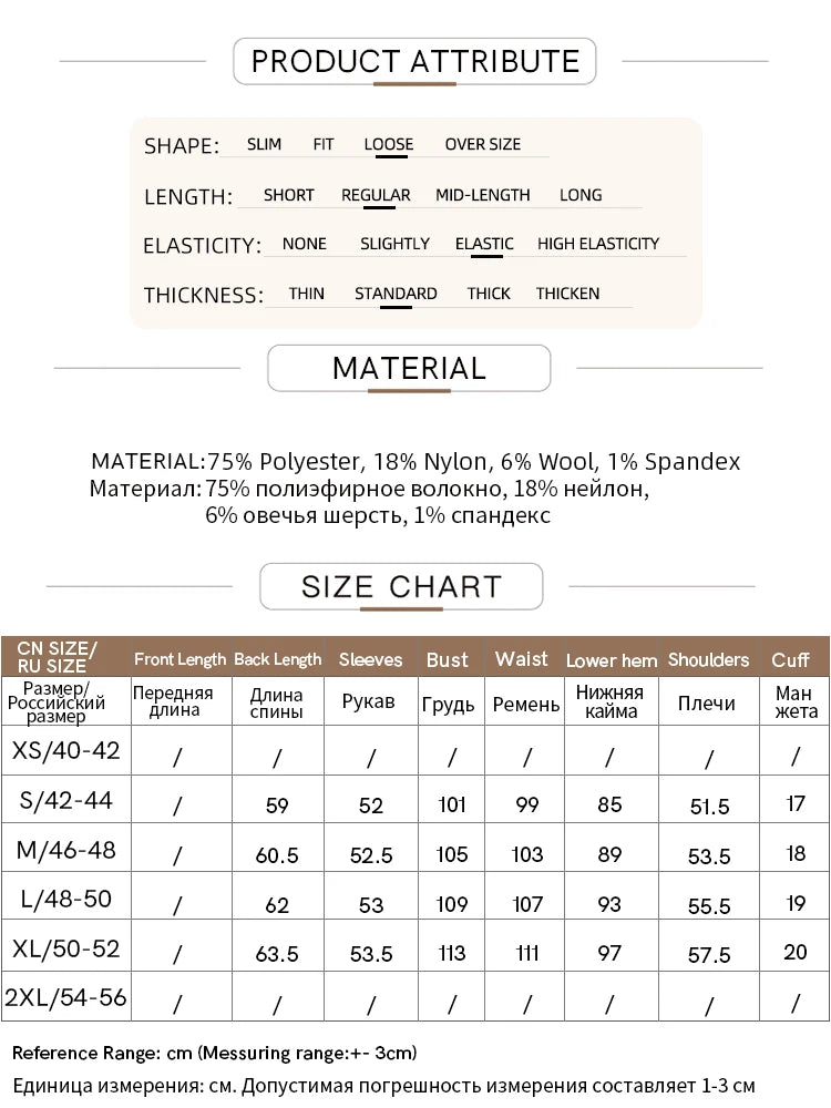AMII Material- und Größenübersicht mit Tabelle und Messwerten
