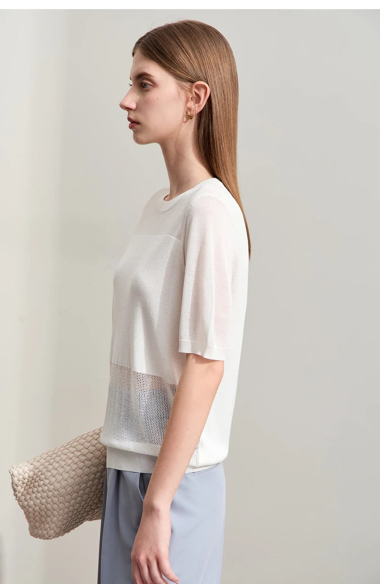 Damen-Strickpullover mit O-Ausschnitt, kurzarm, beigetone Kontraststreifen vorne