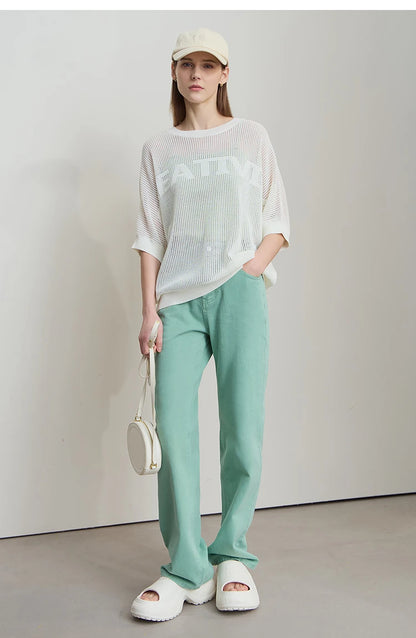 Damenjeans im minimalistischen Retro-Stil mit geradem Bein aus Baumwolle