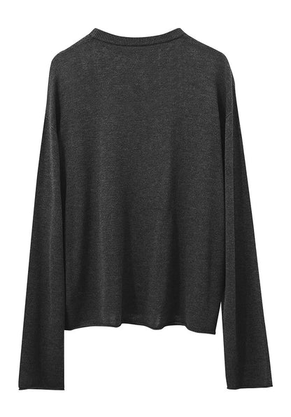 AMI Pullover dunkelgrau meliert, Rundhalsausschnitt, lange Ärmel, Rückansicht, flach gelegt
