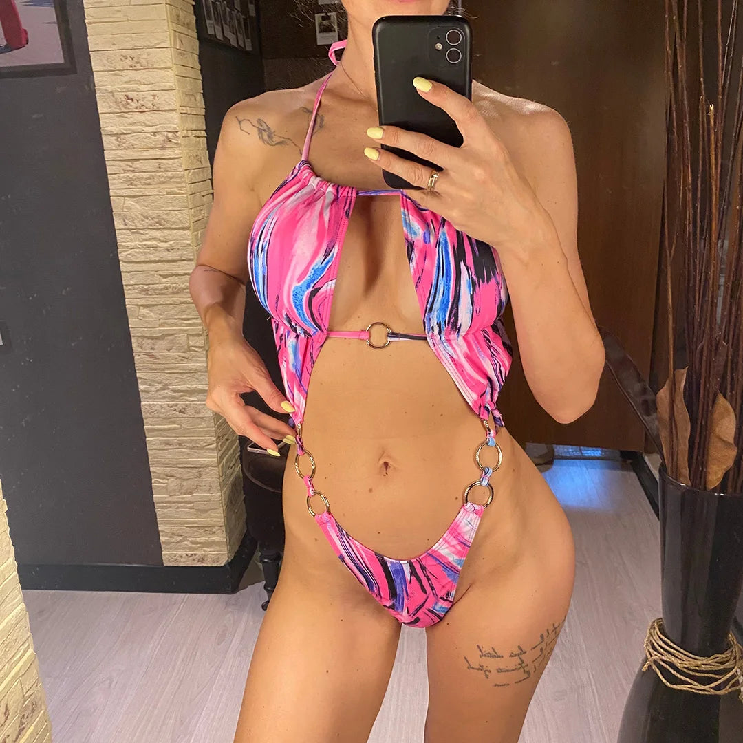 Damen Badeanzug rückenfrei Bauch-Cut-Out Monokini bunt 2026
