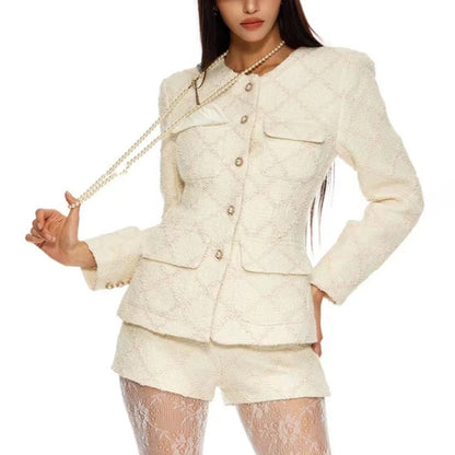 Damen-Blazer mit Rüschen und Patchwork-Design, langärmelig und mit Reverskragen – ideal für den Alltag