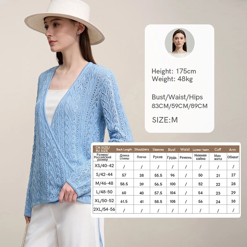 Damen-Strickjacke V-Ausschnitt Wolle Hohlstrick locker Langarm Frühling