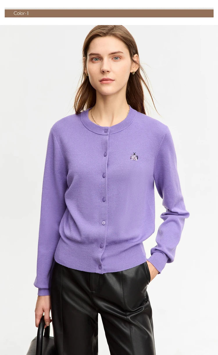 Damen-Rundhals-Strickjacke Wolle-Seide Perlenstickerei Knöpfe Herbst-Winter