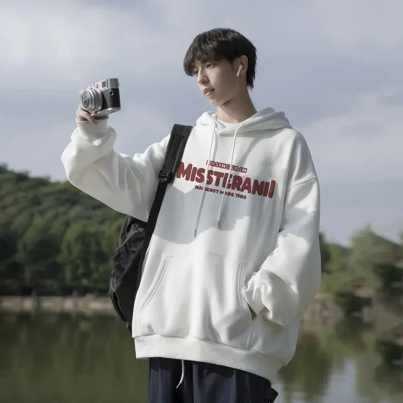 2024 Neu im Vintage-Stil, lässig, Kapuzenpullover für Herren, mit Buchstaben bedruckt, lockere Passform, Kapuzenpullover, Herbst, Y2K, Streetwear, modischer Trainingsanzug