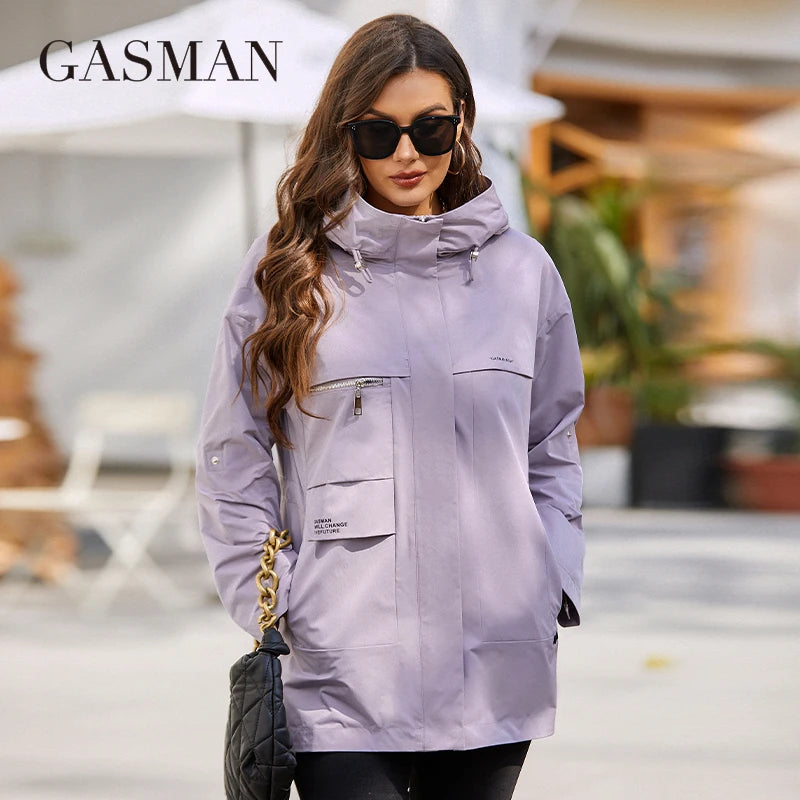Langer Damen-Trenchcoat mit Kapuze und Reißverschluss – modischer Frühlingsmantel mit hohem Kragen und Taillierung