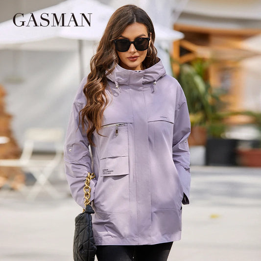 Langer Damen-Trenchcoat mit Kapuze und Reißverschluss – modischer Frühlingsmantel mit hohem Kragen und Taillierung