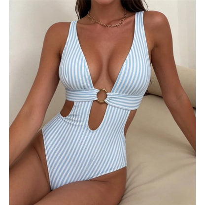 Damen-Badeanzug Streifen V-Ausschnitt Cut-Out rückenfrei Monokini