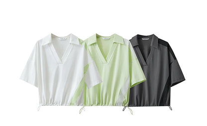 Damen T-Shirts im minimalistischen Stil mit neuem V-Ausschnitt und kurzen Ärmel