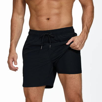 Lange Herren-Shorts aus Polyester mit Innenfutter und seitlicher Reißverschlusstasche – ideal für Strand und Fitnessstudio